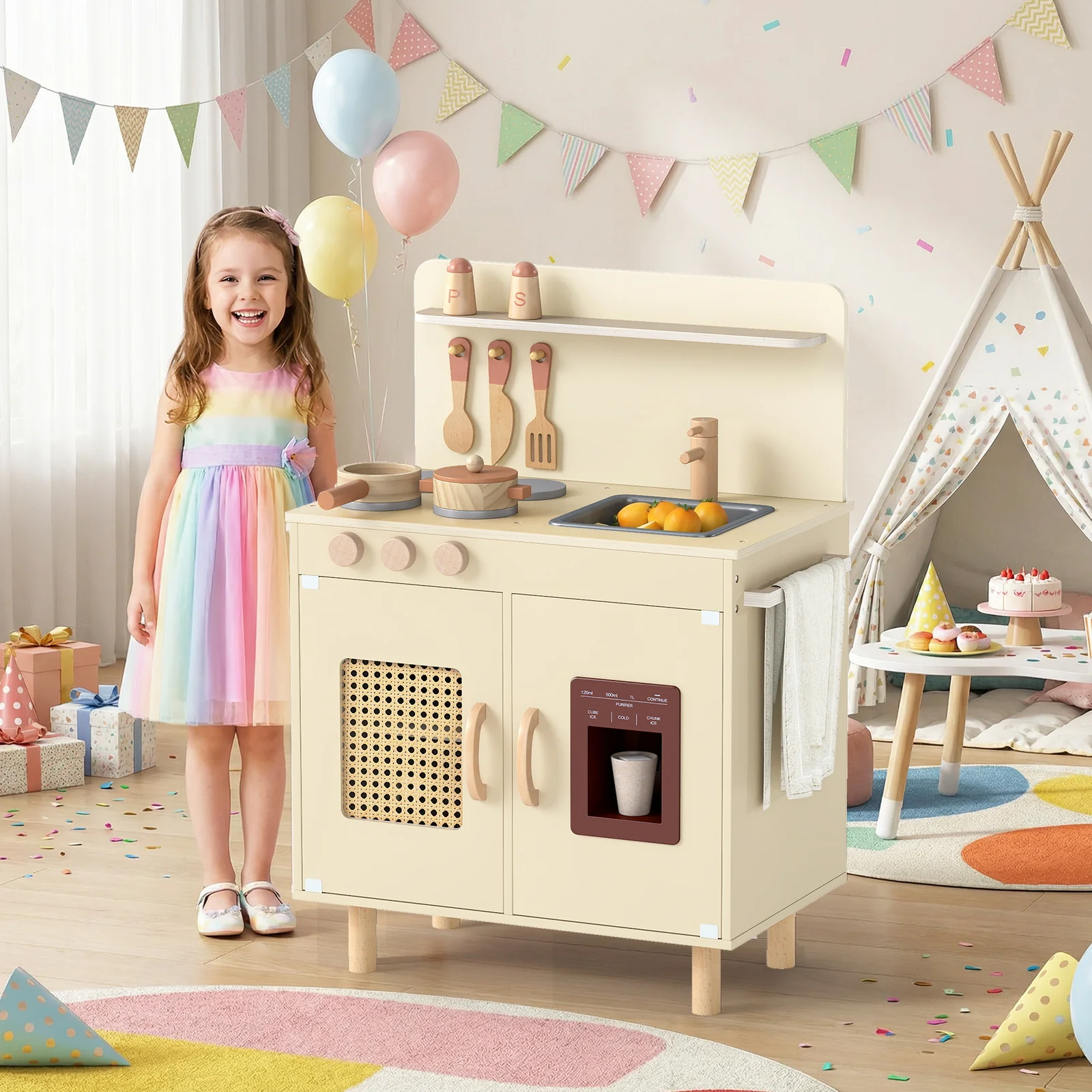 Wooden Pretend Kitchen Playset with Realistic Ice Maker - Image 6