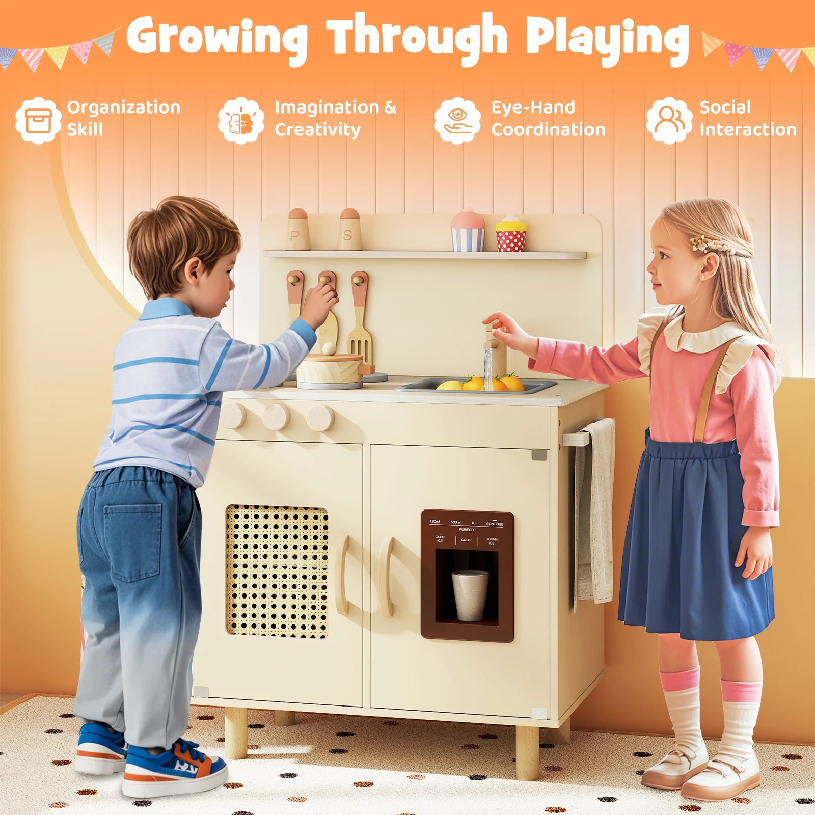 Wooden Pretend Kitchen Playset with Realistic Ice Maker - Image 7