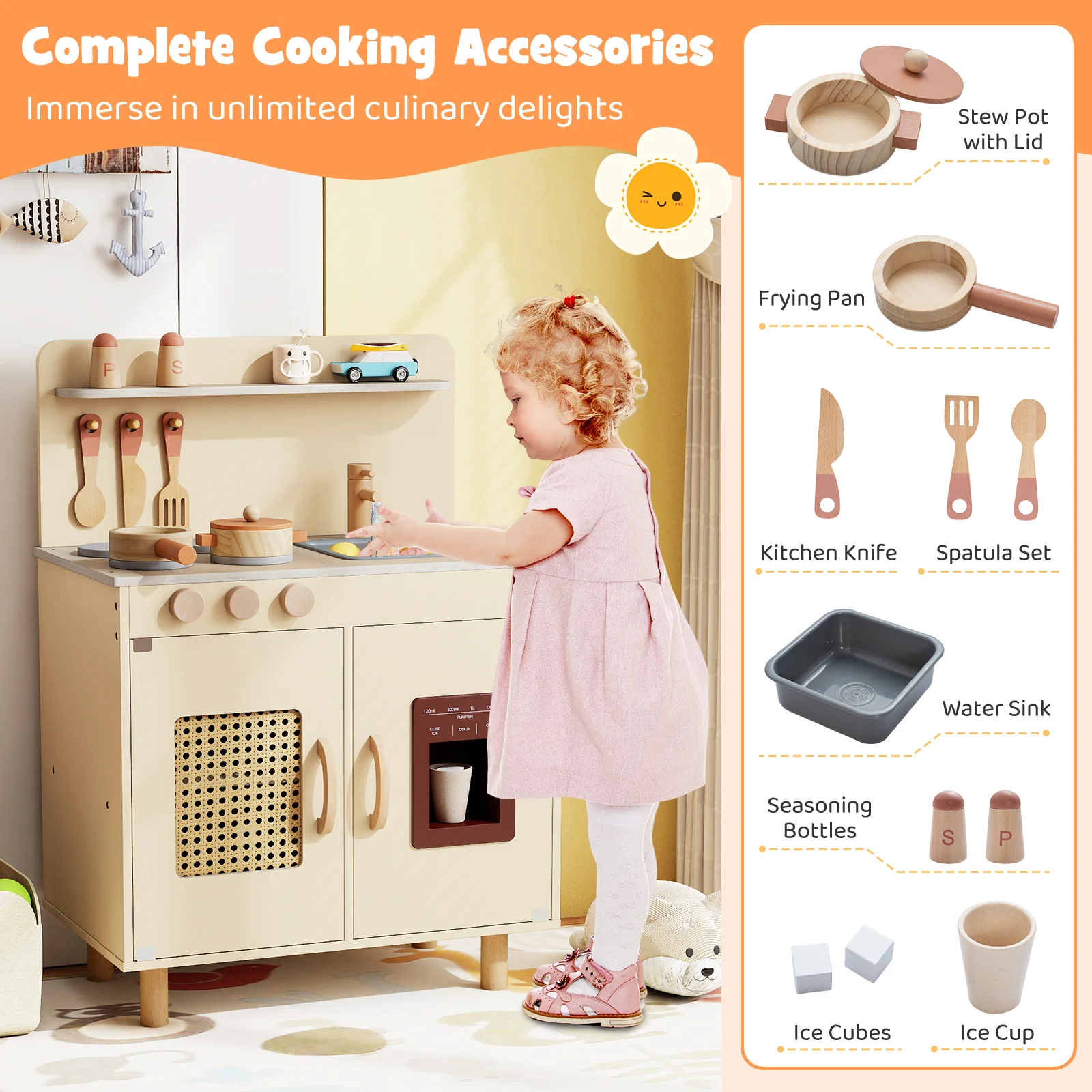 Wooden Pretend Kitchen Playset with Realistic Ice Maker - Image 8