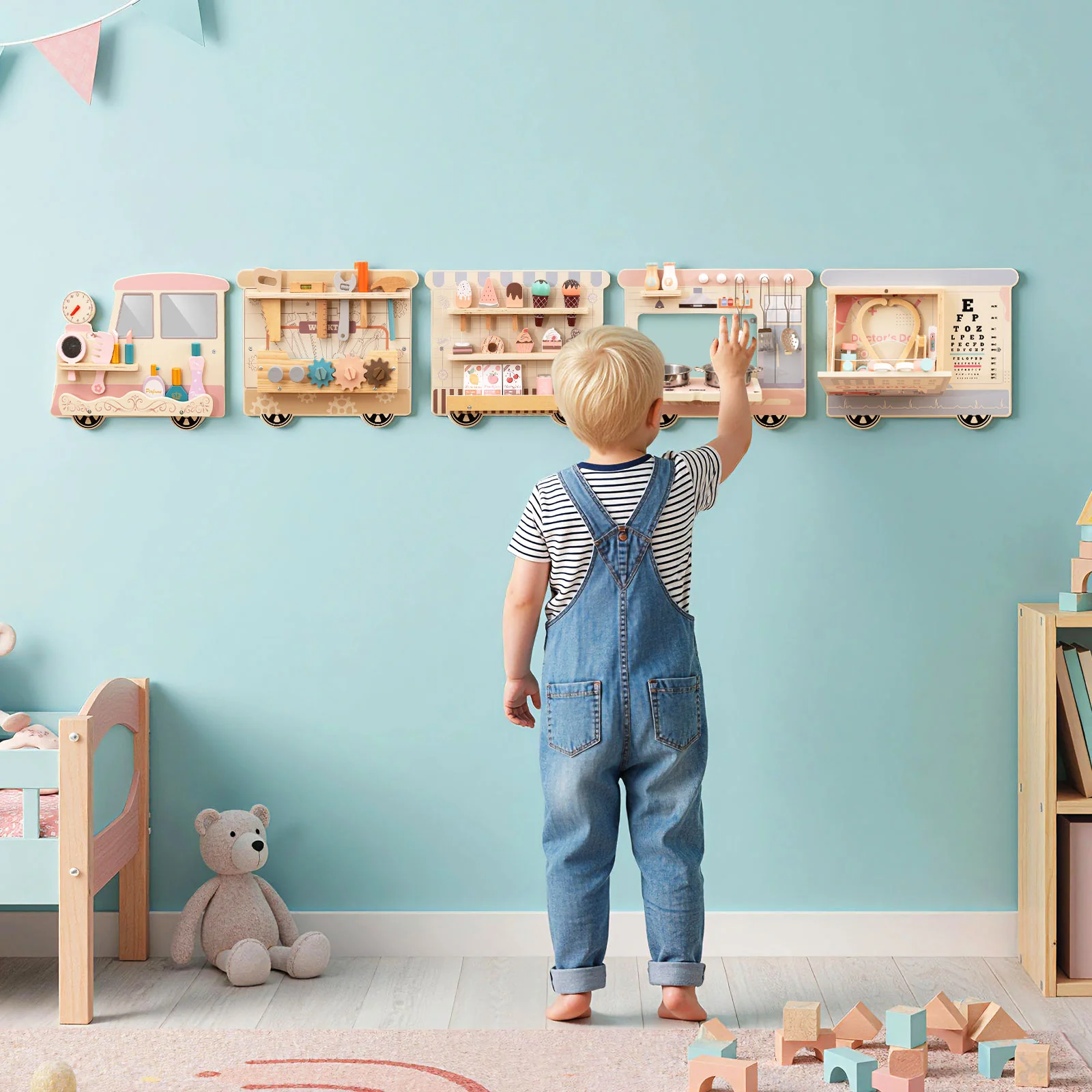 Wooden Sensory Wall Panel with Vanity and Tool Box