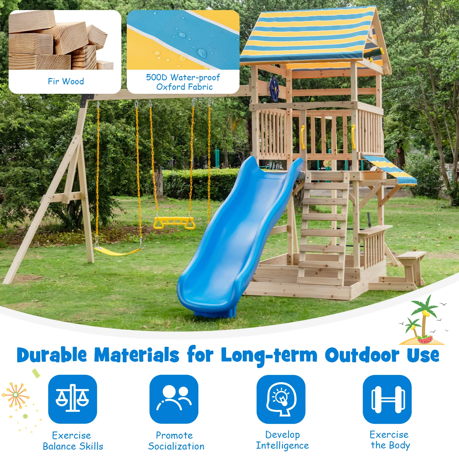 Wooden Swing Set with Large Upper Deck Slide and Steering Wheel - Image 8