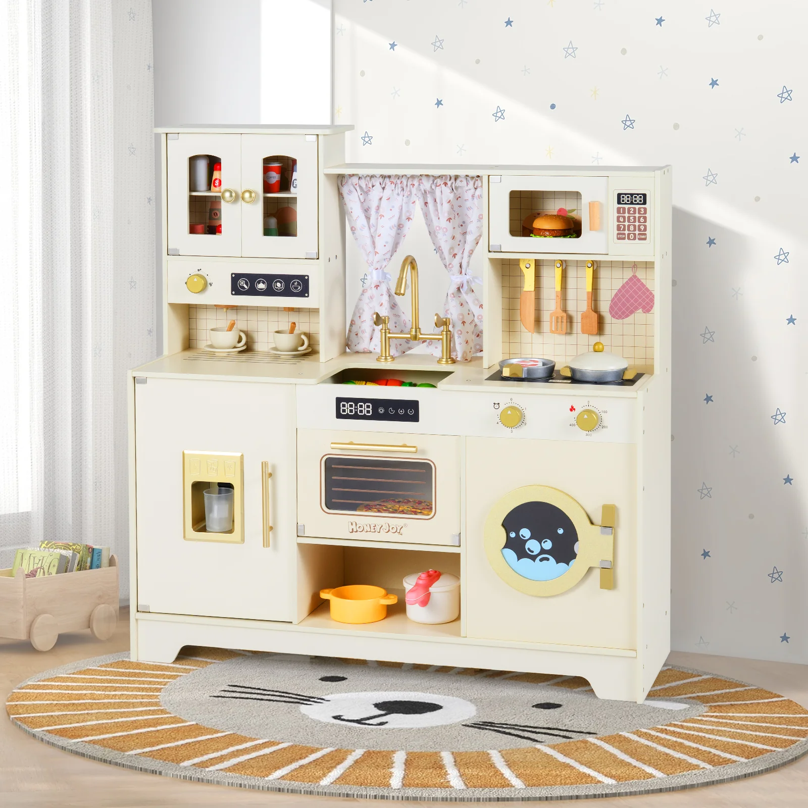 Wooden Toy Kitchen Playset with 14 Accessories for Aged 3+ Years-Beige - Image 2