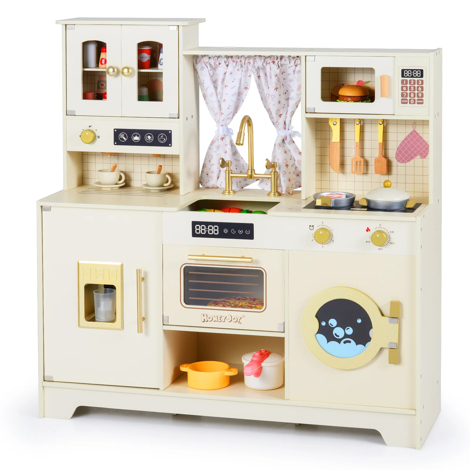 Wooden Toy Kitchen Playset with 14 Accessories for Aged 3+ Years-Beige - Image 3