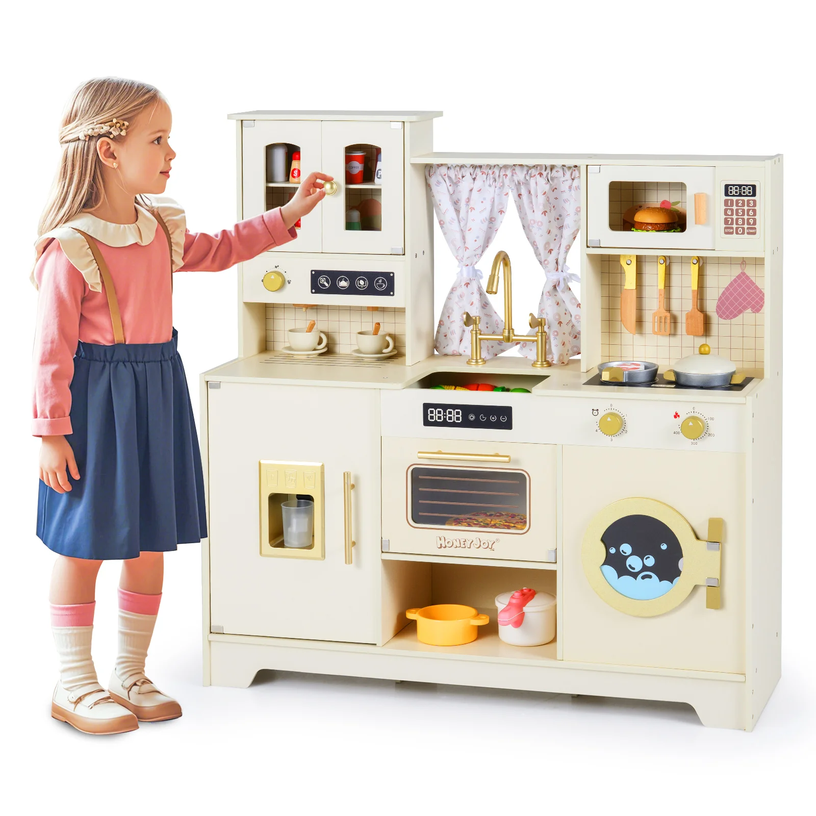 Wooden Toy Kitchen Playset with 14 Accessories for Aged 3+ Years-Beige - Image 4