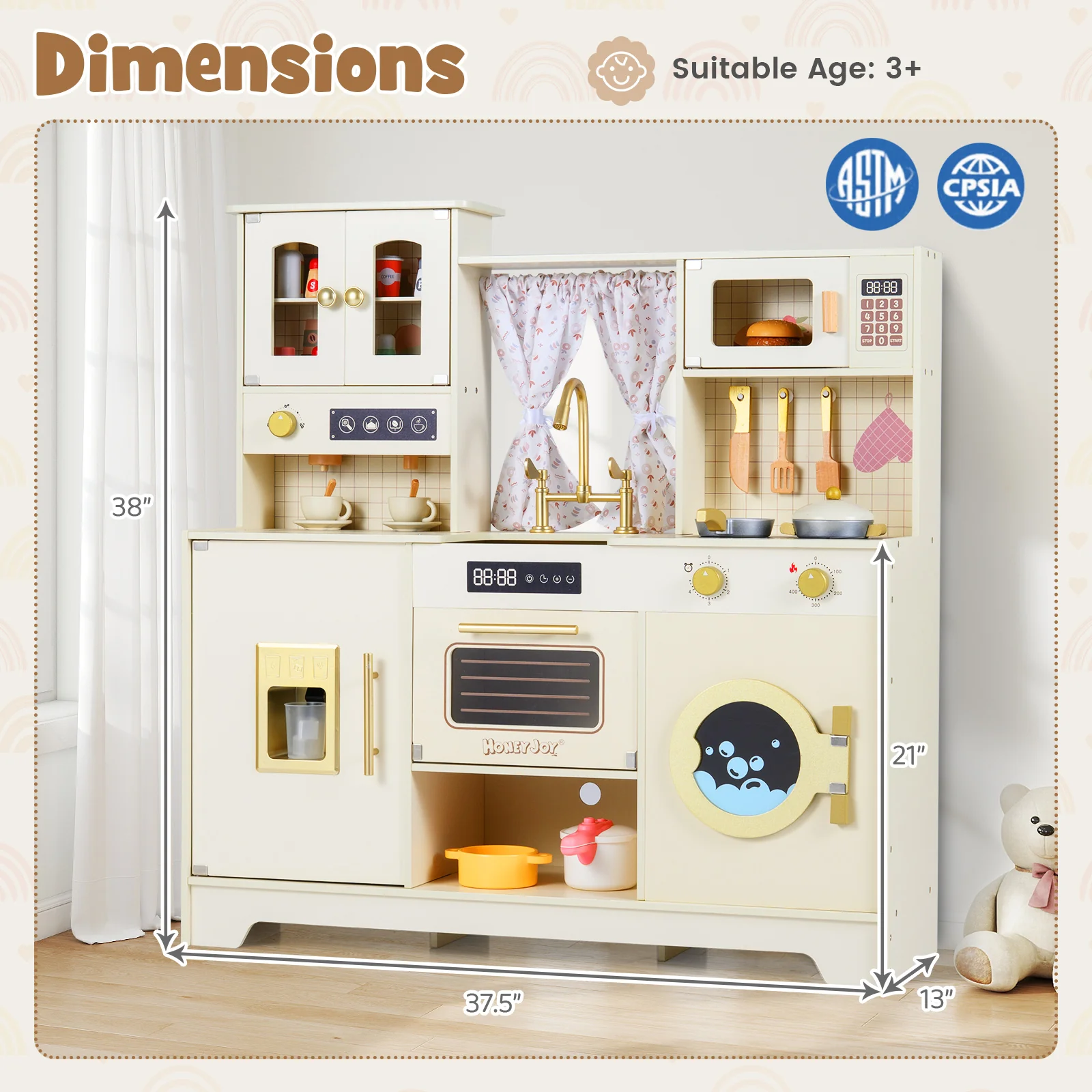 Wooden Toy Kitchen Playset with 14 Accessories for Aged 3+ Years-Beige - Image 5