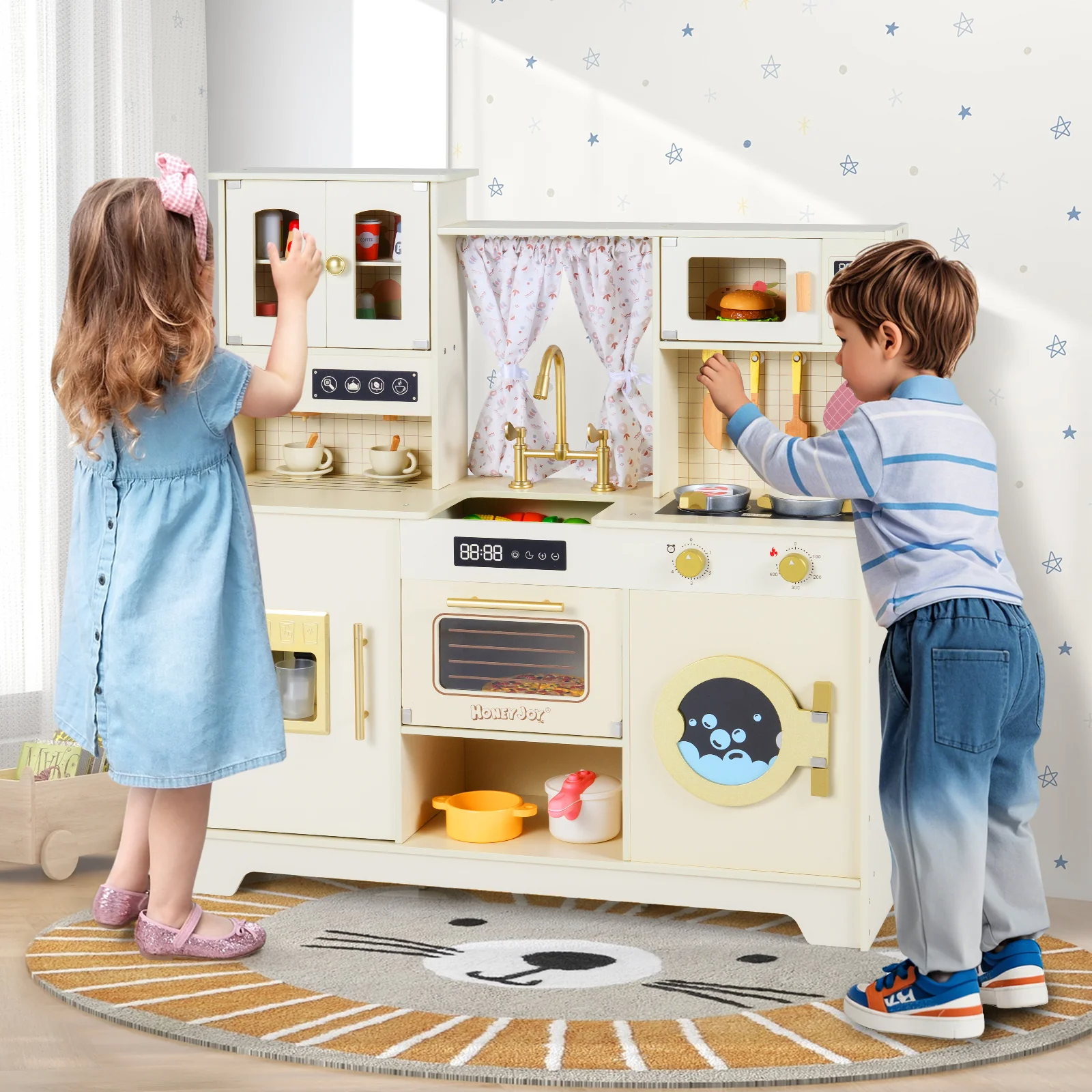 Wooden Toy Kitchen Playset with 14 Accessories for Aged 3+ Years-Beige - Image 6
