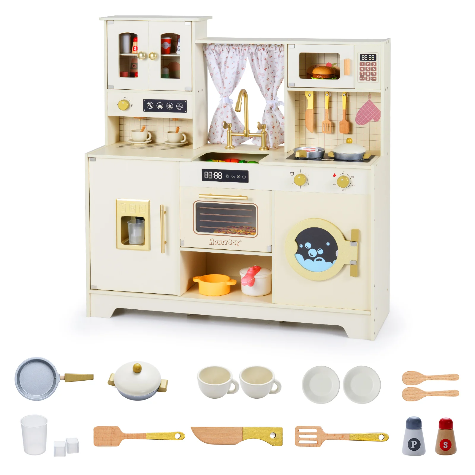Wooden Toy Kitchen Playset with 14 Accessories for Aged 3+ Years-Beige - Image 8