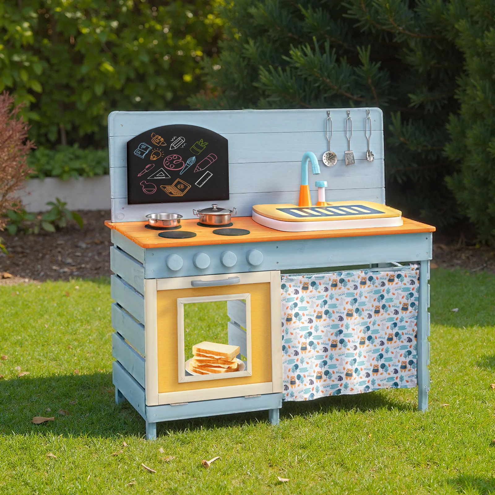 Wooden Toy Kitchen Playset with Removable Circulation Faucet and Cooking Accessories-Blue - Image 2