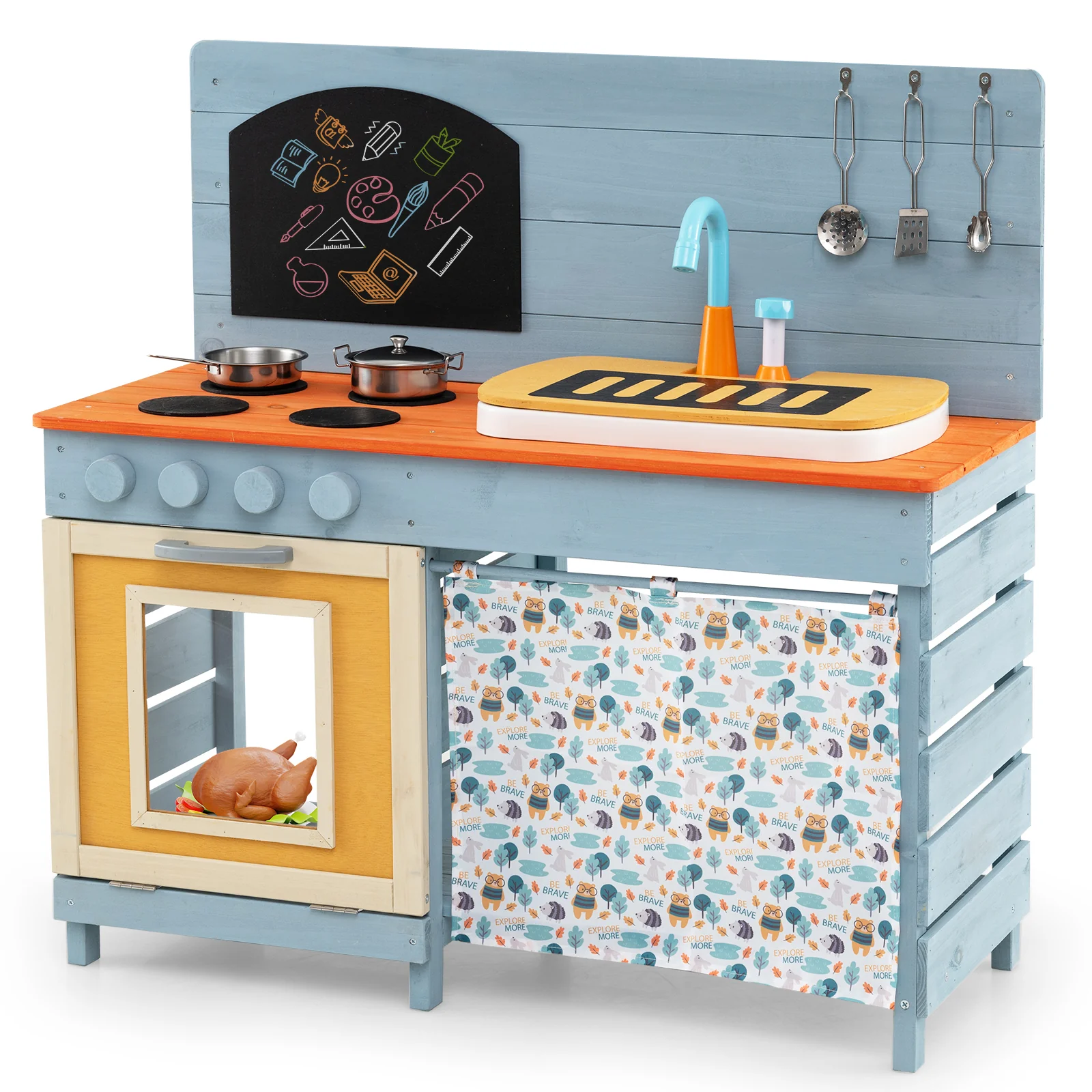 Wooden Toy Kitchen Playset with Removable Circulation Faucet and Cooking Accessories-Blue - Image 3