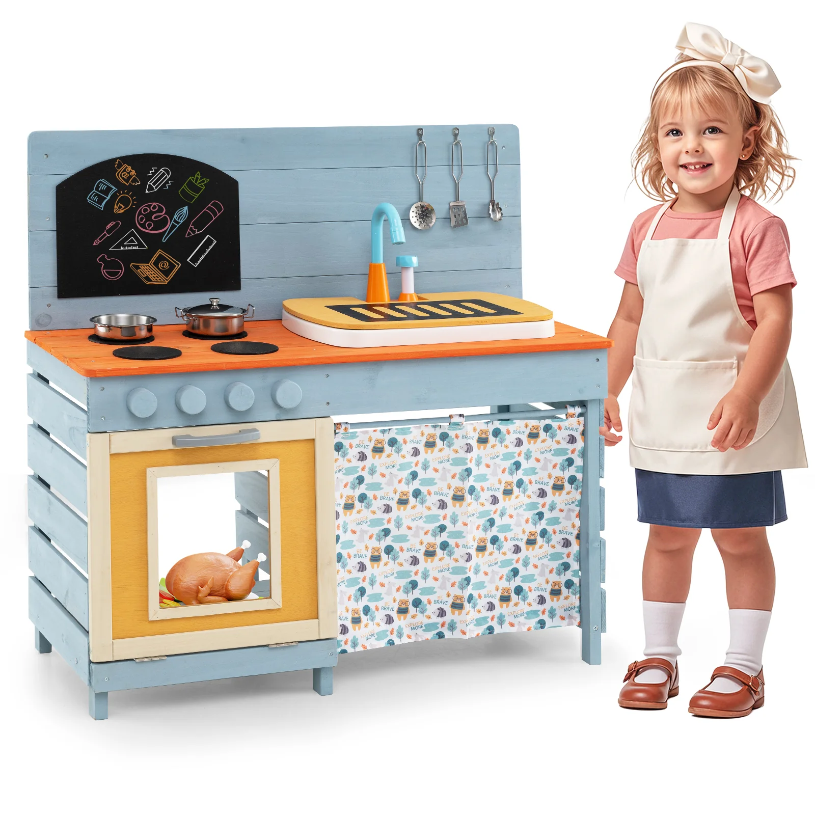 Wooden Toy Kitchen Playset with Removable Circulation Faucet and Cooking Accessories-Blue - Image 4