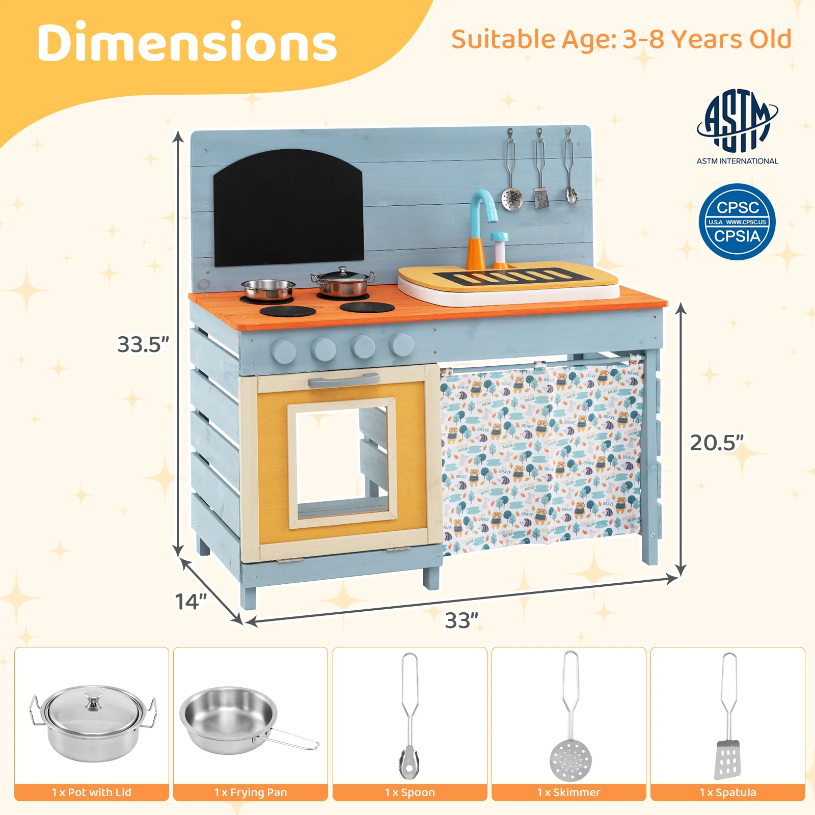 Wooden Toy Kitchen Playset with Removable Circulation Faucet and Cooking Accessories-Blue - Image 5