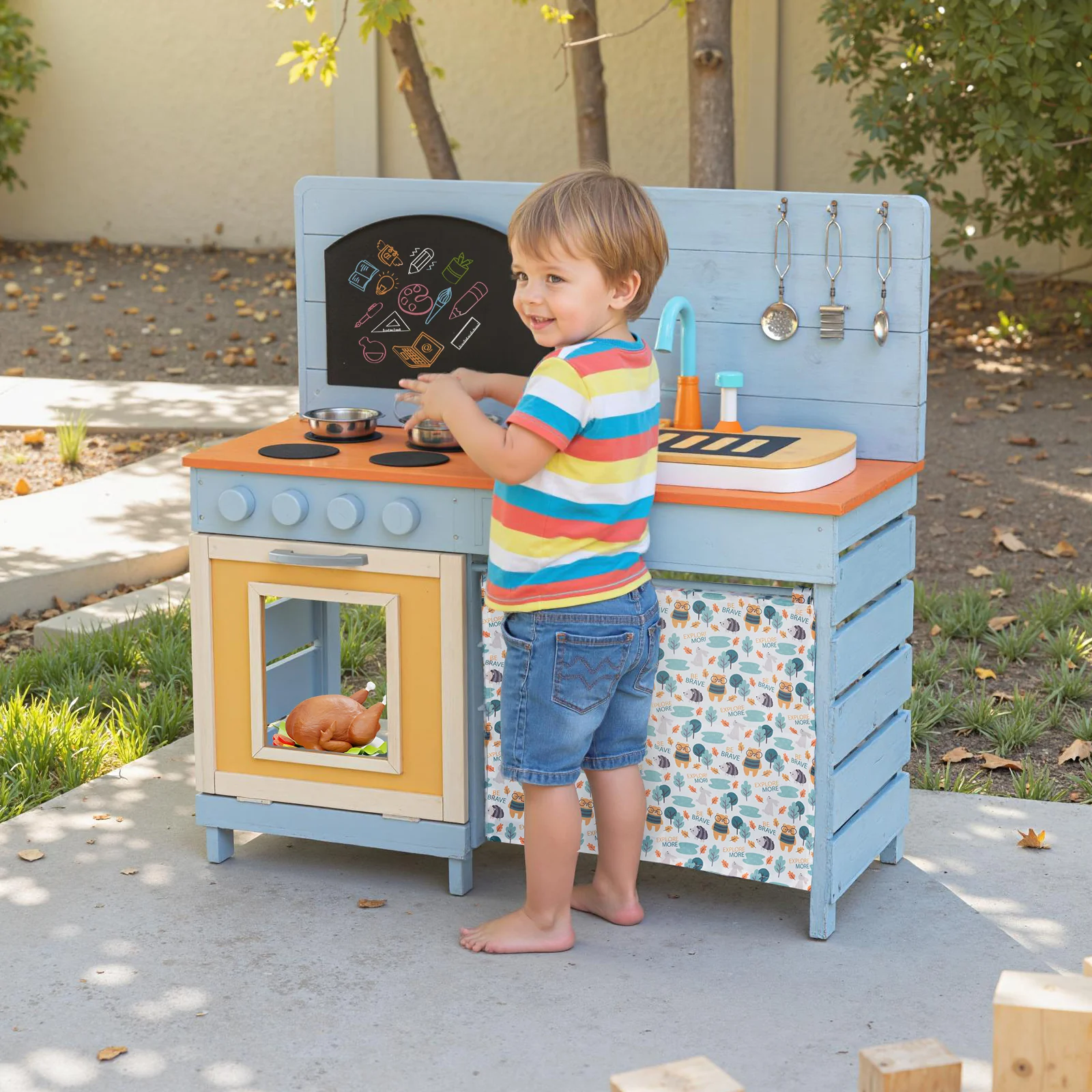 Wooden Toy Kitchen Playset with Removable Circulation Faucet and Cooking Accessories-Blue - Image 6