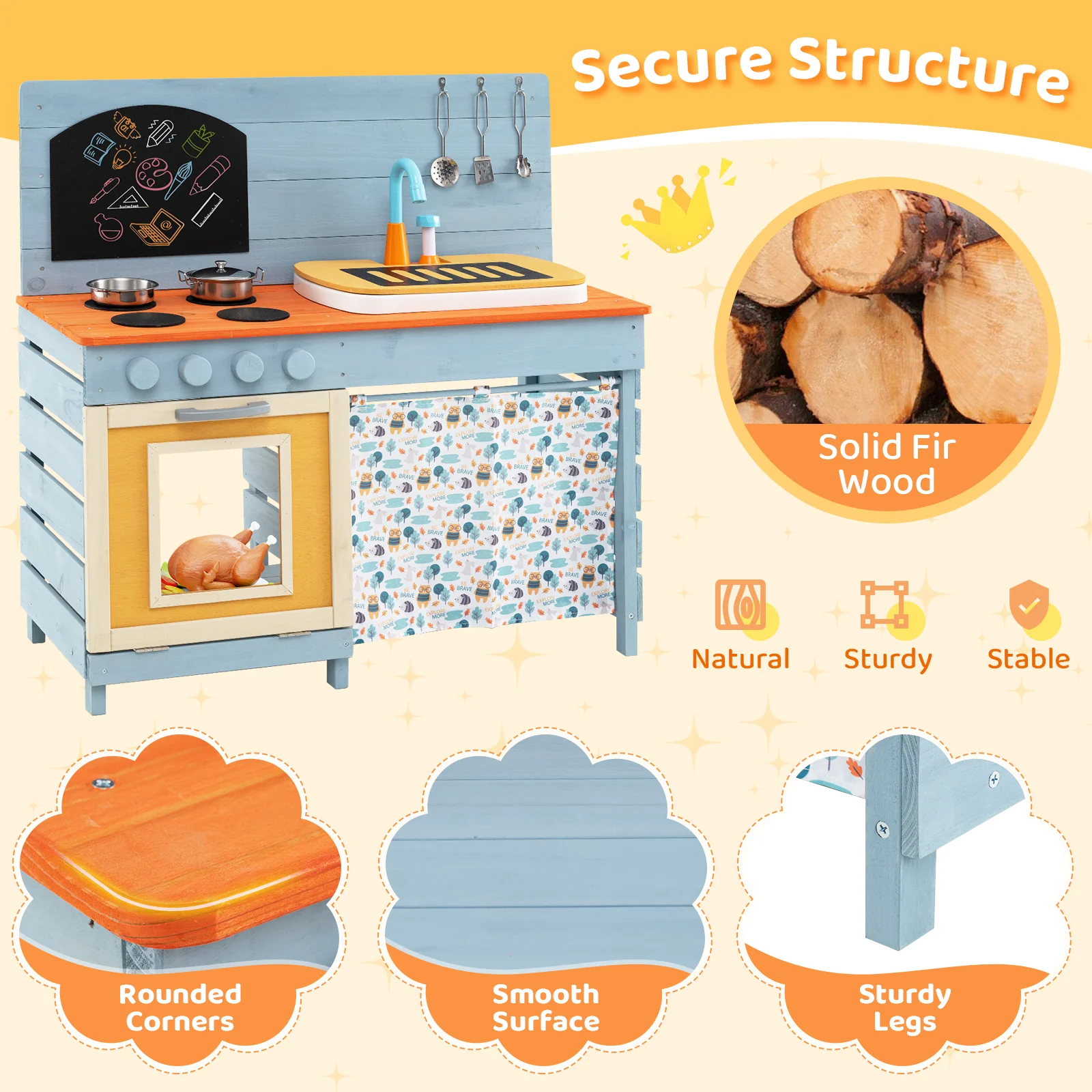 Wooden Toy Kitchen Playset with Removable Circulation Faucet and Cooking Accessories-Blue - Image 7