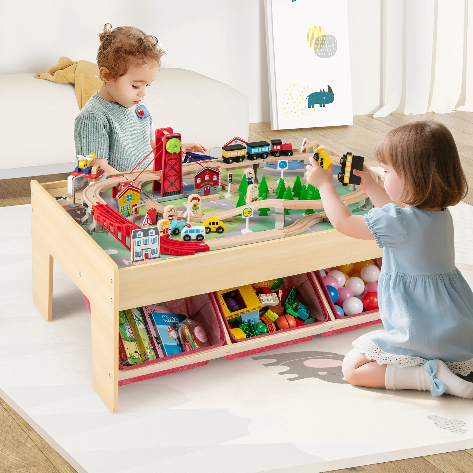 Wooden Train Set Table Kids Multipurpose Activity Play Table with 2 Reversible Tabletops-Red