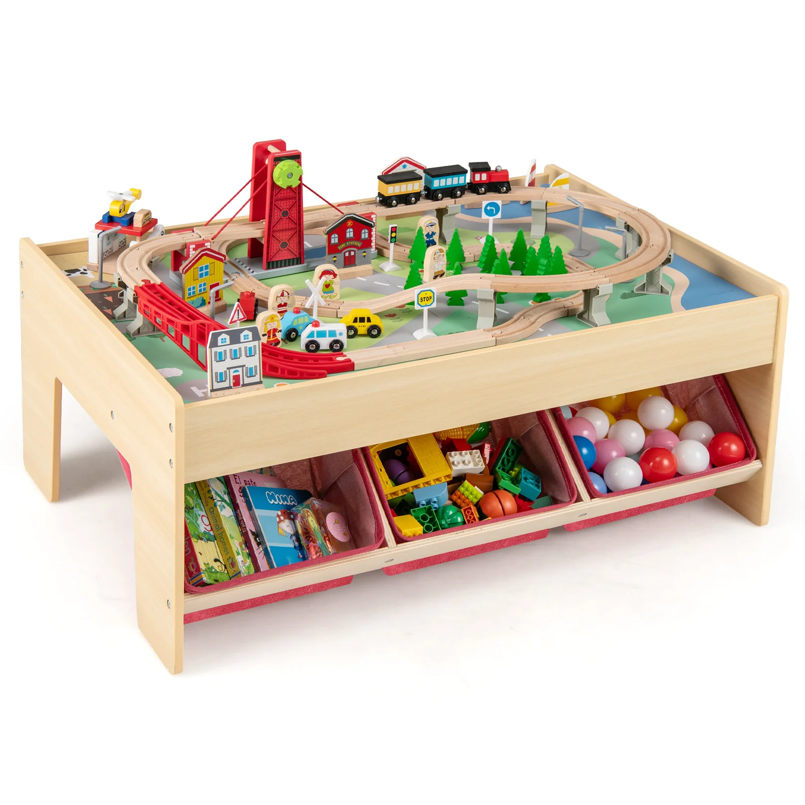 Wooden Train Set Table Kids Multipurpose Activity Play Table with 2 Reversible Tabletops-Red - Image 2