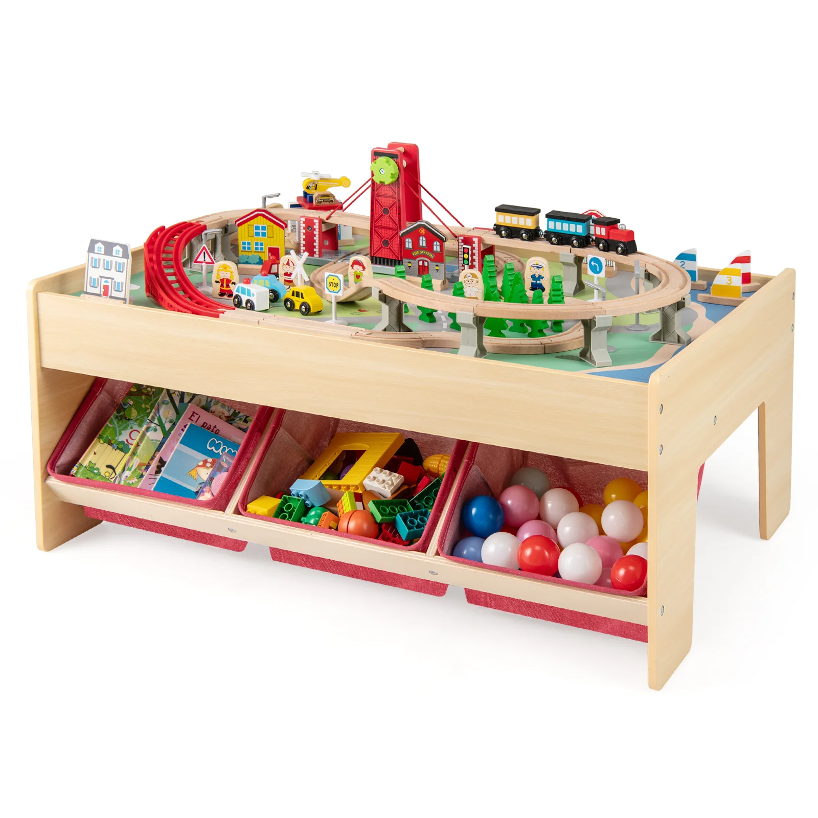 Wooden Train Set Table Kids Multipurpose Activity Play Table with 2 Reversible Tabletops-Red - Image 3