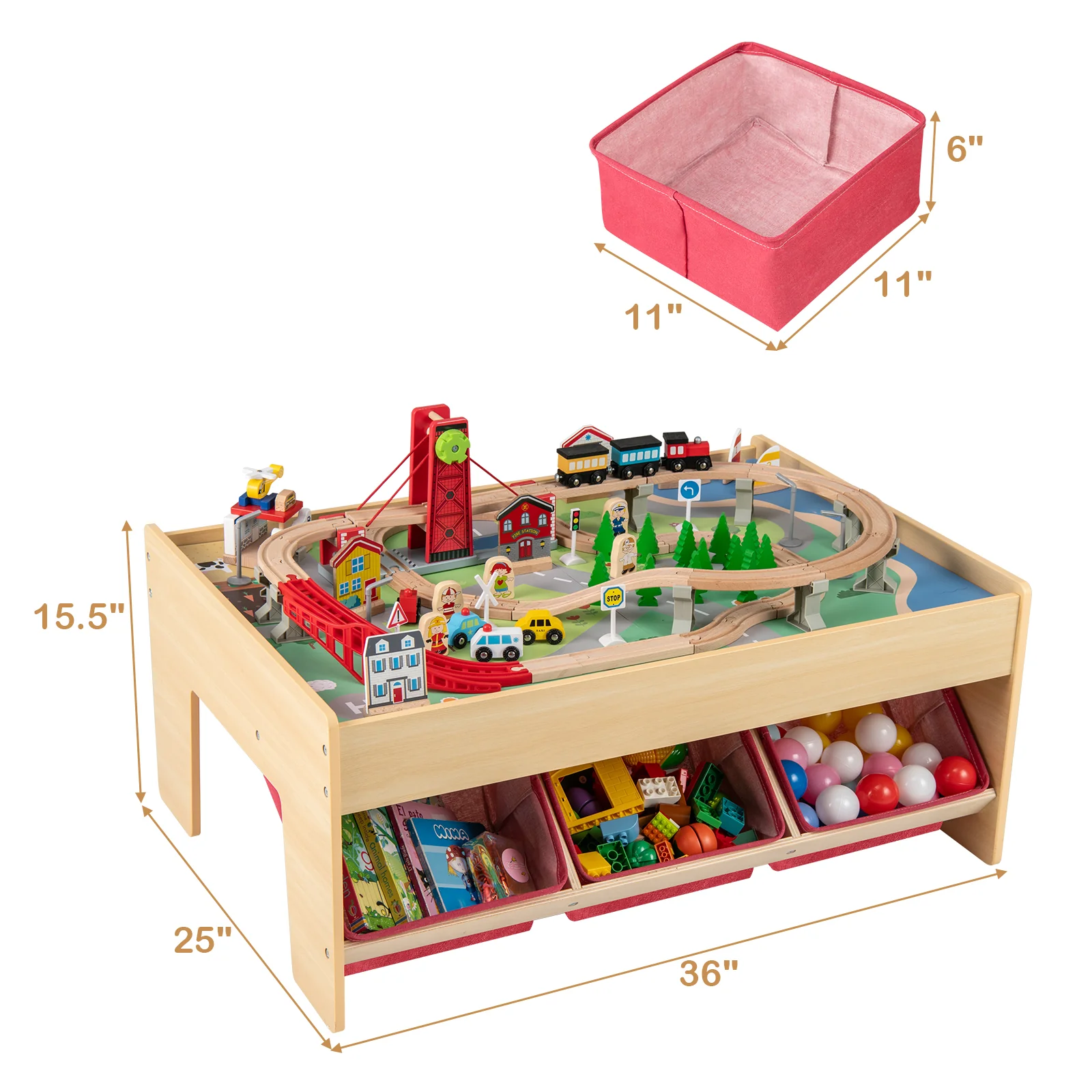 Wooden Train Set Table Kids Multipurpose Activity Play Table with 2 Reversible Tabletops-Red - Image 4