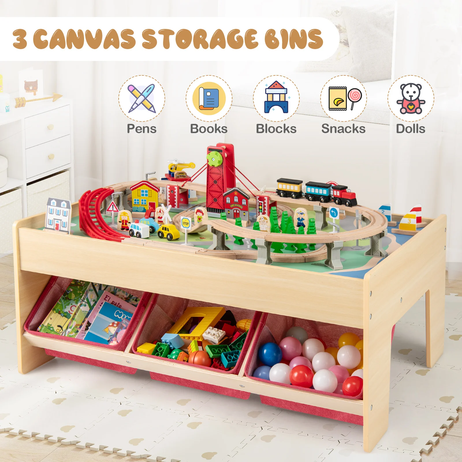 Wooden Train Set Table Kids Multipurpose Activity Play Table with 2 Reversible Tabletops-Red - Image 6