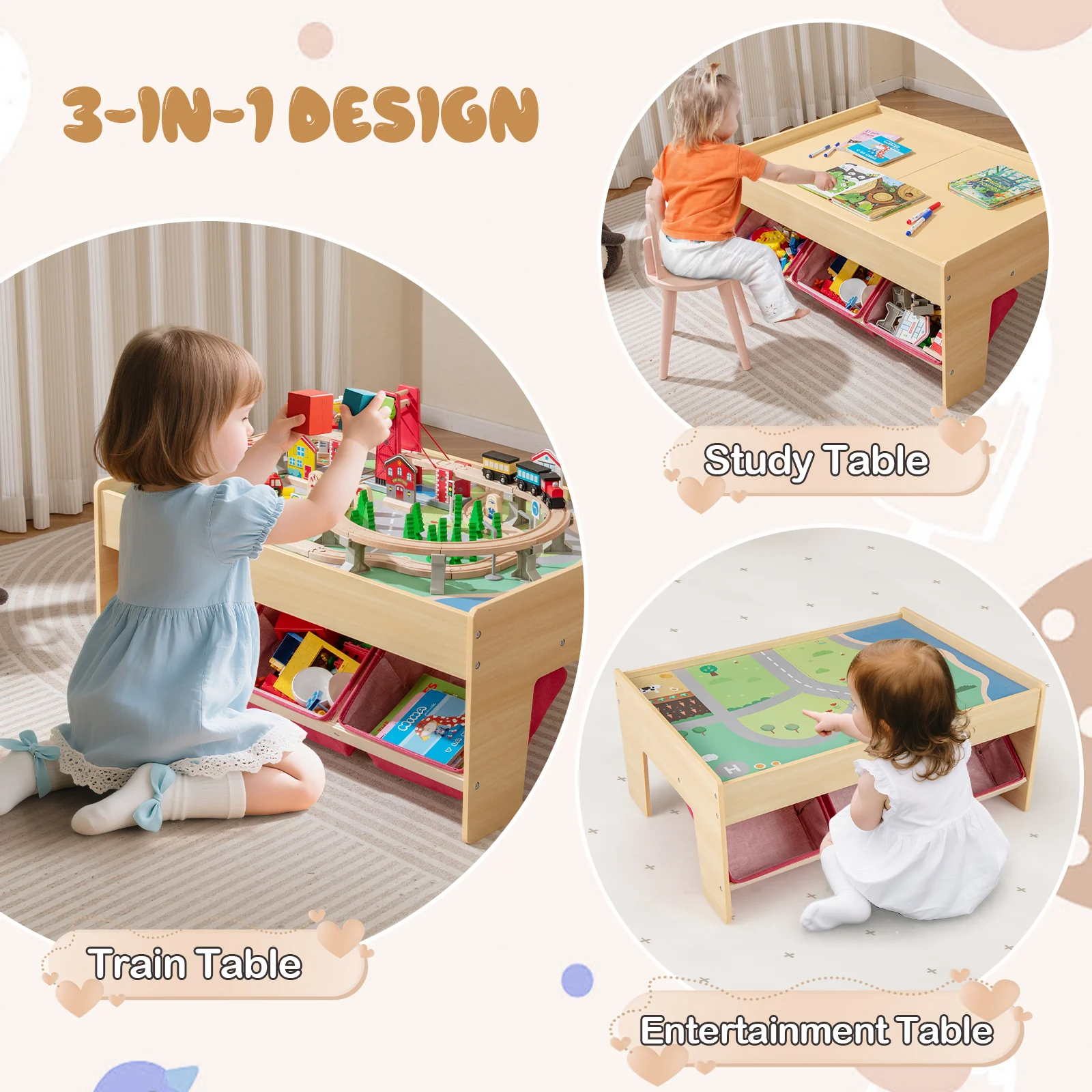 Wooden Train Set Table Kids Multipurpose Activity Play Table with 2 Reversible Tabletops-Red - Image 8