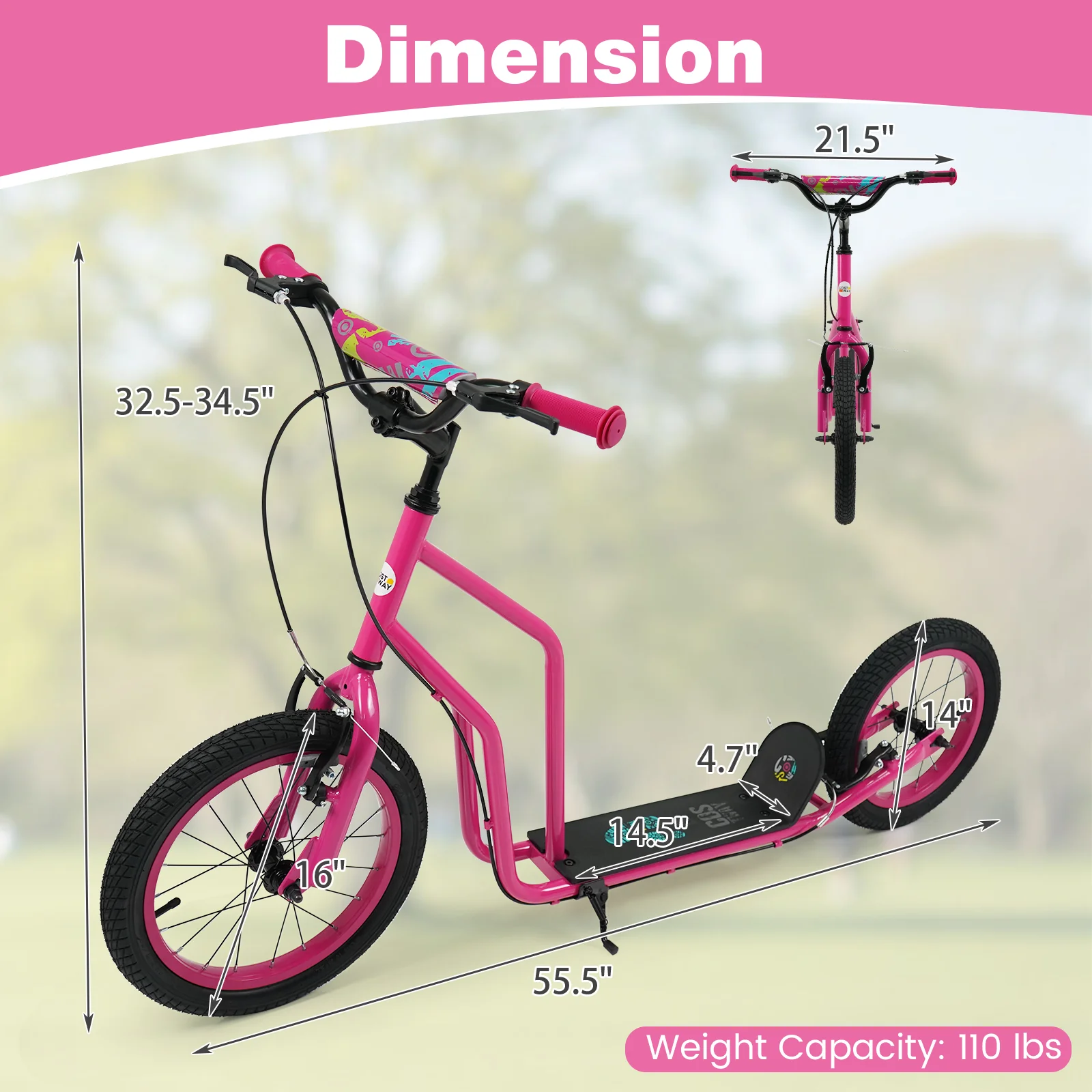 Youth Scooter with Adjustable Handlebar and 16/14-Inch Inflatable Wheels for Age 8+ Years Old - Image 12