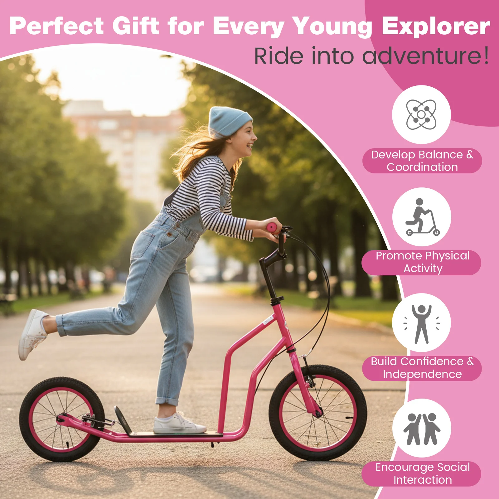 Youth Scooter with Adjustable Handlebar and 16/14-Inch Inflatable Wheels for Age 8+ Years Old - Image 14