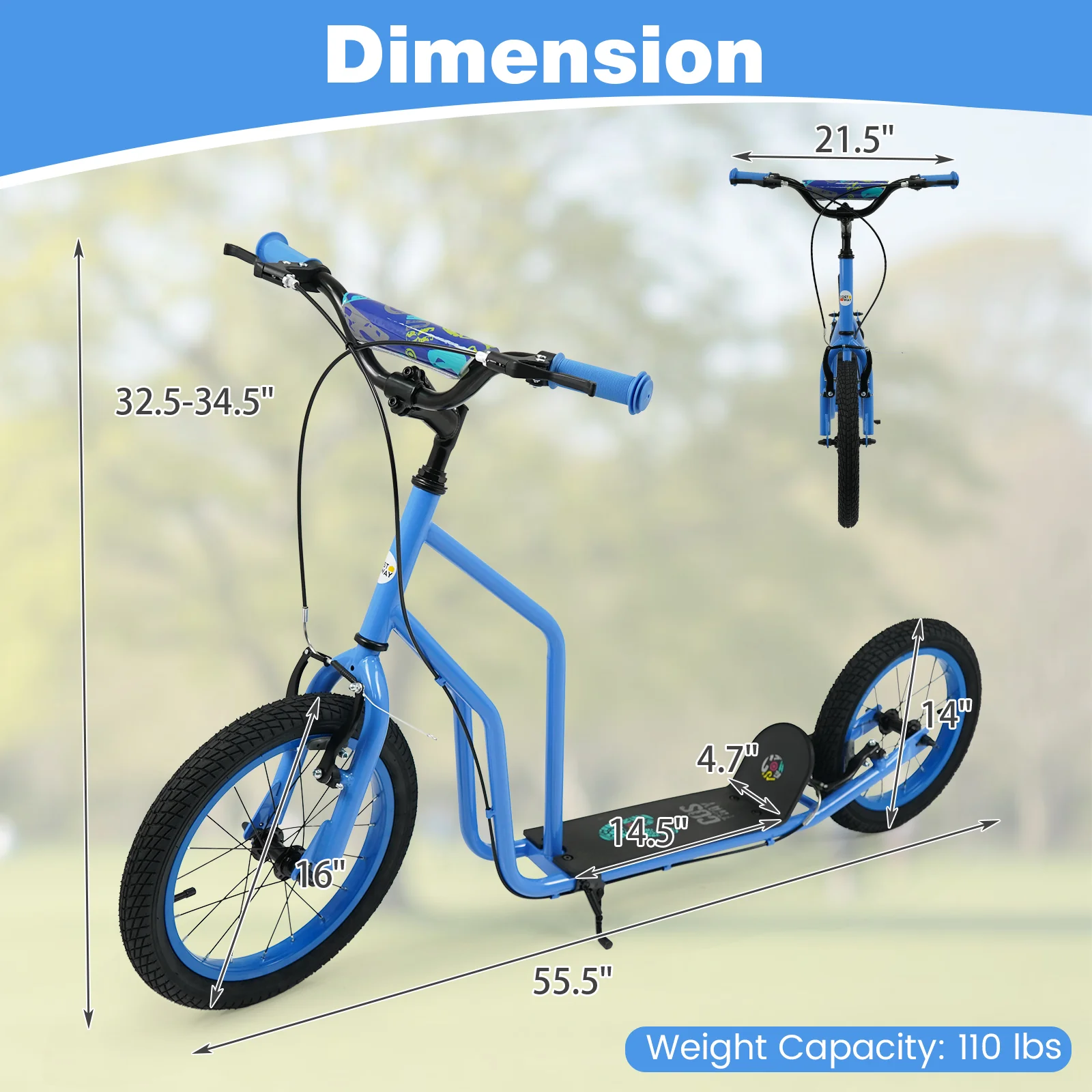 Youth Scooter with Adjustable Handlebar and 16/14-Inch Inflatable Wheels for Age 8+ Years Old - Image 20