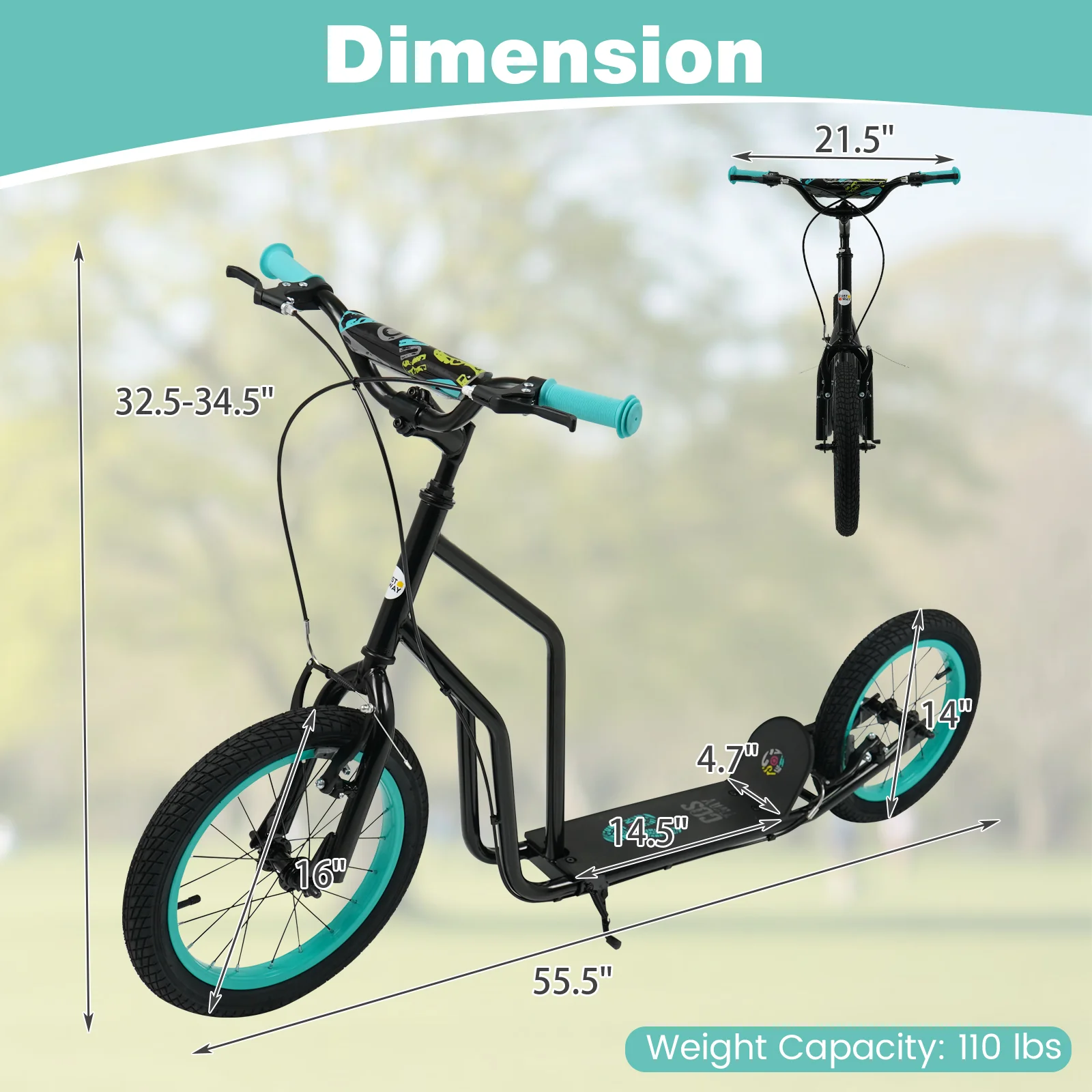 Youth Scooter with Adjustable Handlebar and 16/14-Inch Inflatable Wheels for Age 8+ Years Old - Image 4