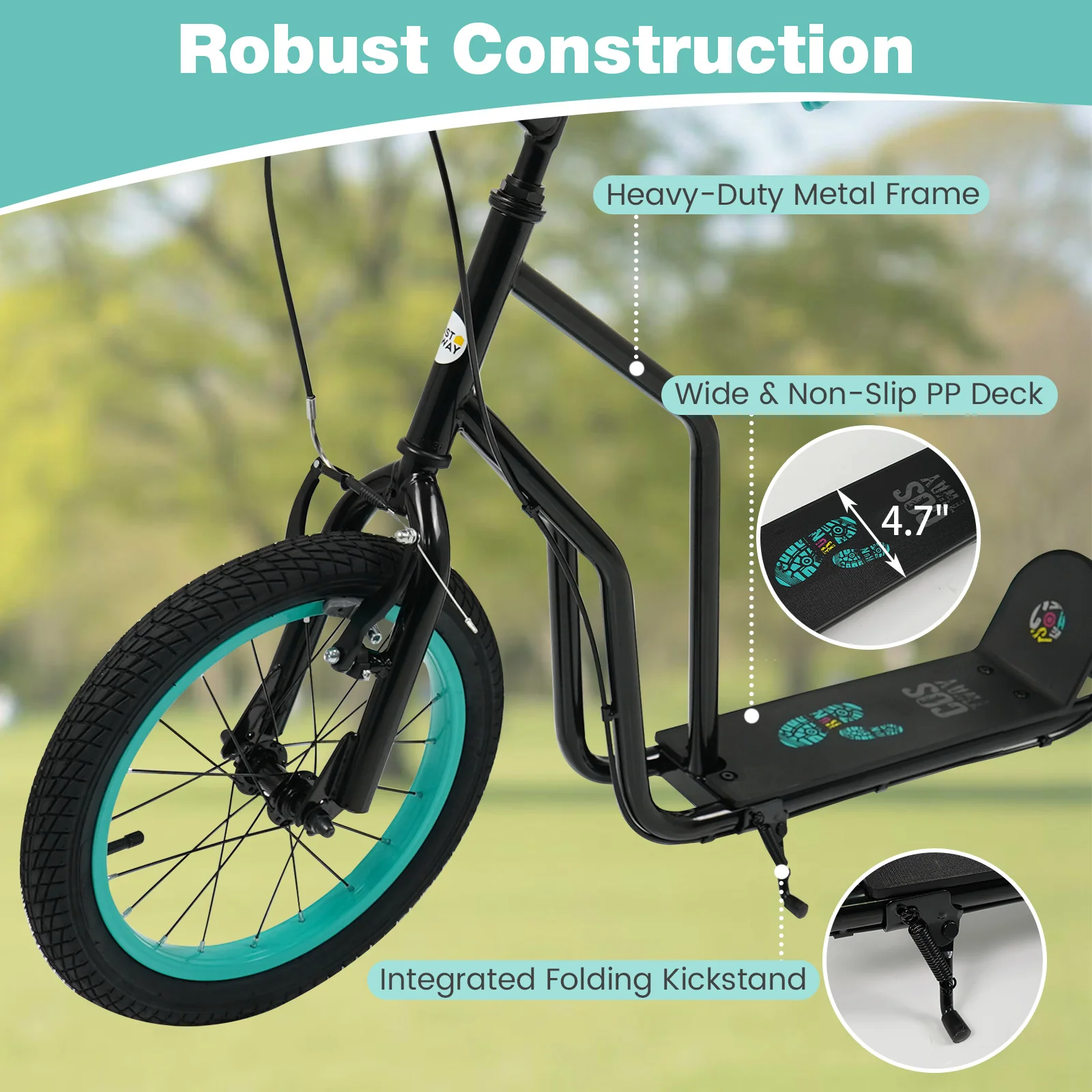 Youth Scooter with Adjustable Handlebar and 16/14-Inch Inflatable Wheels for Age 8+ Years Old - Image 5